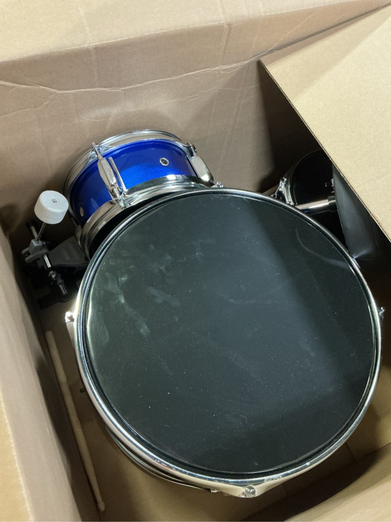 Condition photo showing As Is for Music Alley 3 Piece Kids Drum Set with Drum Sticks & Drum Throne Seat Metallic Blue