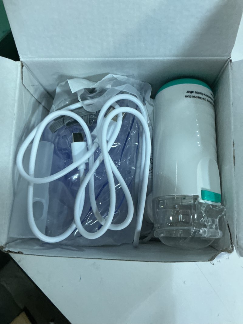 Condition photo showing As Is for hand-held nebulizer for respiratory system, portable nebulizer with self-clean mode, rechargeable nebulizer for home office travel (mint green)