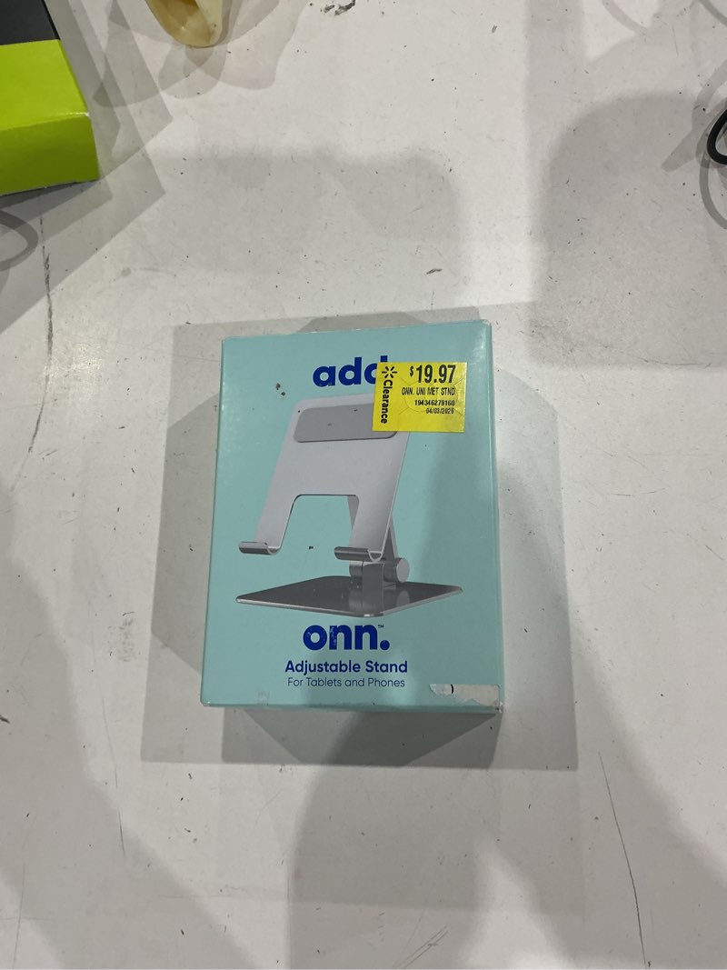 Condition photo showing New/Like New for onn adjustable metal stand for tablets and phones - silver