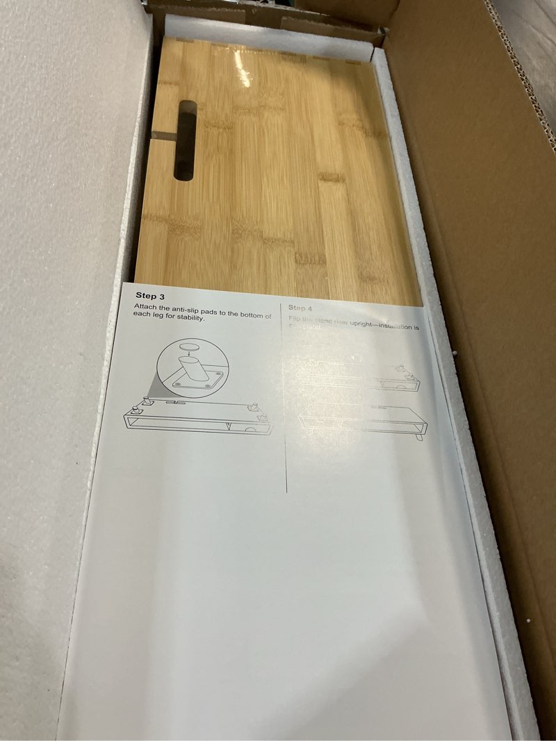 Condition photo showing New/Like New for bamboo monitor stand riser with drawer, ergonomic computer riser for desk with cable management & storage organizer, wood monitor stand for home office