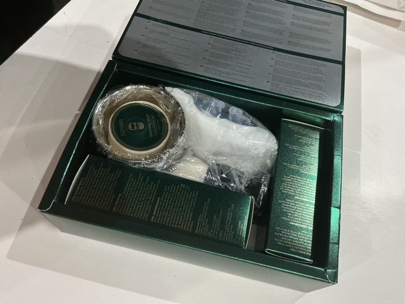 Condition photo showing New/Like New for shaving kit for men, including eucalyptus & mint pre-shave oil, after shave balm, 2 packs shaving soap, shaving brush and bowl, beard bib, unique gift for men stocking stuffers eucalyptus & mint 7 in 1