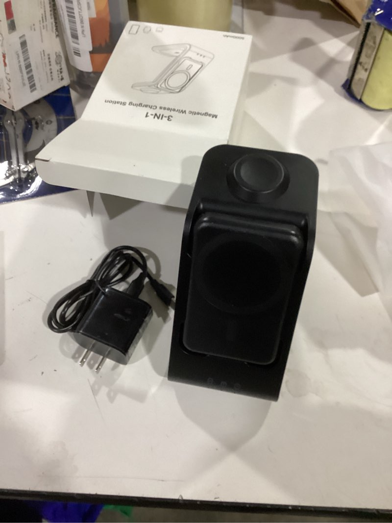 Condition photo showing New/Like New for 3 in 1 Wireless Charging Station: 5000mAh Removable Power Bank Charger Stand for Phone/Watch/Air Pods - Portable Magnetic Battery Pack for Air 17 16 15 14 13 12 Series Black