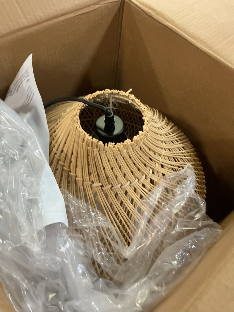 Condition photo showing Good Condition for LynPon Rattan Pendant Light, Large Boho Light Fixture for Kitchen Island, Black & Natural Hand Woven Coastal Wicker Chandelier Modern Hanging Light Fixtures for Dining Living Room Foyer Entryway 12" Wood Tone