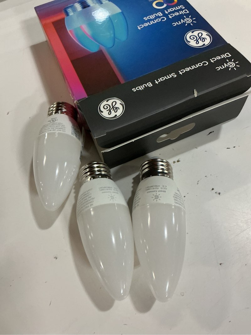 Condition photo showing New/Like New for ge cync smart led light bulbs, color changing decorative light bulbs, indoor wifi lights, matter compatible, compatible with alexa and google home, candelabra base (3 pack)