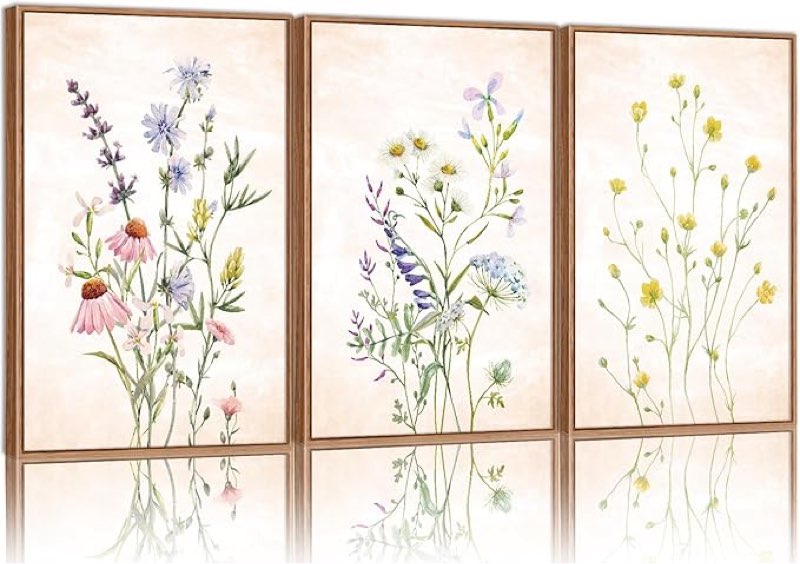 signinart watercolor wildflower framed canvas wall art set of 3, boho botanical spring floral wall decor, colorful minimalist plant art prints for farmhouse living room, bedroom, office, bathroom 16"x24"