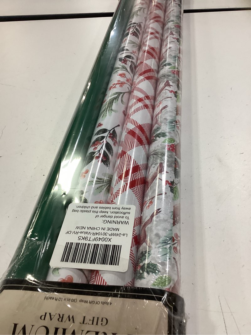 Condition photo showing New/Like New for LaRibbons Christmas Wrapping Paper Set, Holiday Jumbo Gift Wrap Rolls featuring Classic Deer, Red & White Plaid and Berries Designs, Perfect for Christmas Parties, Presents & Decorations, 30 inch x 10 feet Each, 4 Rolls Total Christmas-Berries