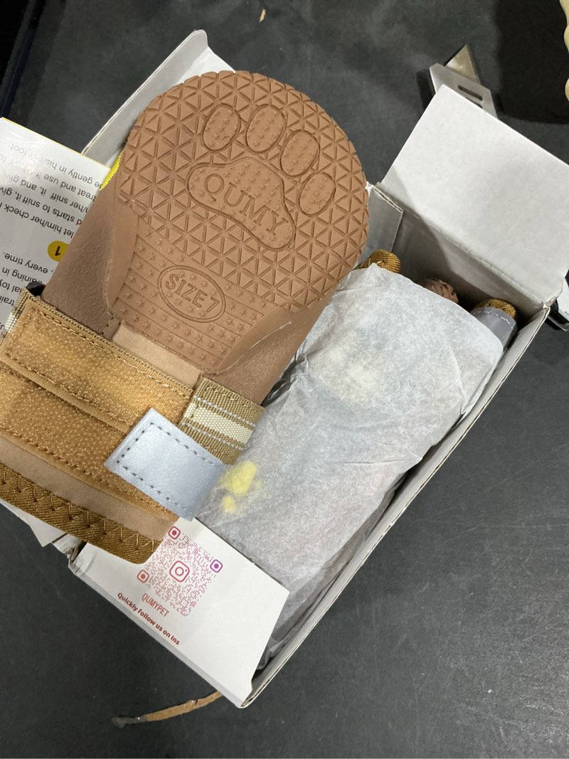 Condition photo showing New/Like New for QUMY Dog Shoes for Large Dogs, Medium Dog Boots & Paw Protectors for Winter Snowy Day, Summer Hot Pavement, Water-Resistant in Rainy Weather, Outdoor Walking, Indoor Hardfloors Skid-Resistant Sole Khaki Size 7: 2.8''x3.2"(W*L) (Pack of 4)