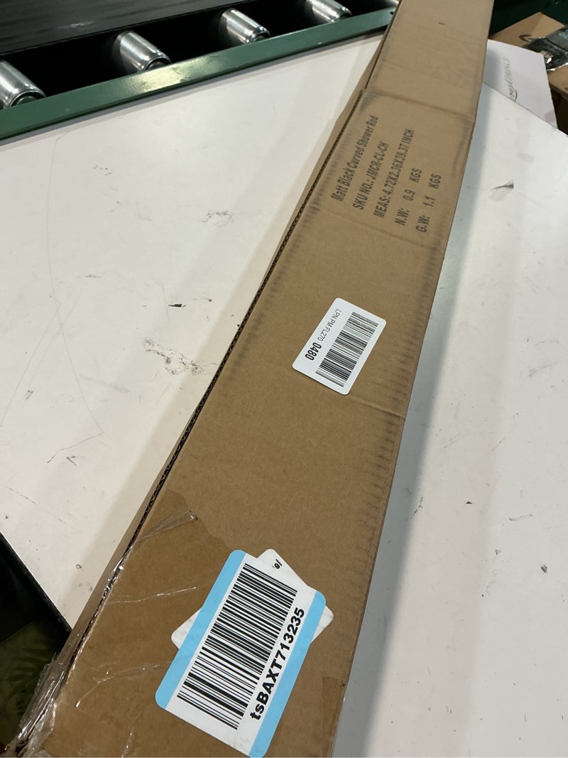 Condition photo showing New/Like New for curved shower curtain rod for bathroom 38-72 inches, adjustable length, curved shower rod, 0.9mm thickness, round shower curtain rods, rotate bracket for large shower space, need drilling, black