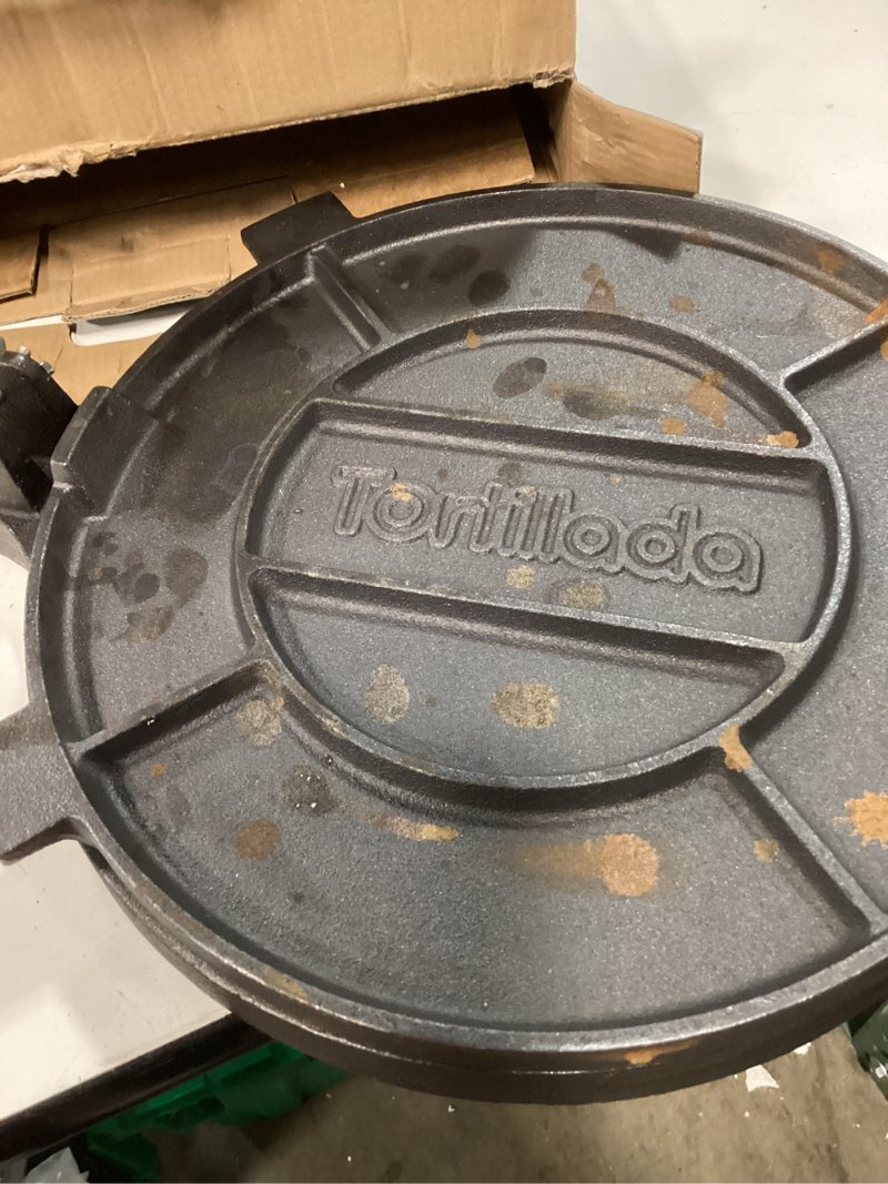 Condition photo showing Good Condition for cast iron tortilla press 12 inch, heavy duty tortilla pataconera, flour tortilla press with foldable handle, taco press with some parchment paper, roti maker, black 12"