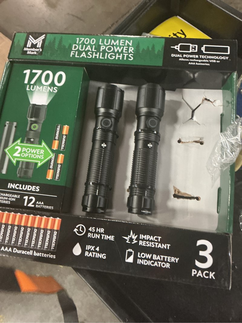 Condition photo showing As Is for member's mark 3 pc 1700 lumen dual power led flashlight set