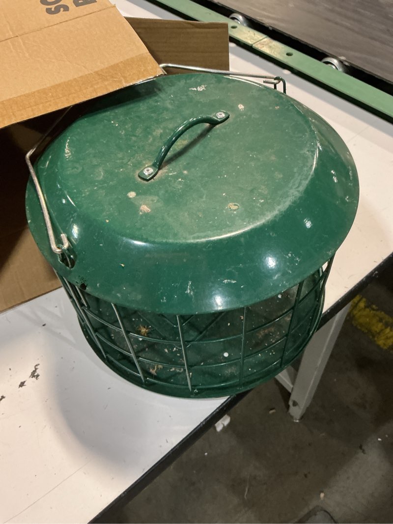 Condition photo showing As Is for kingsyard squirrel proof suet feeder, cage bird feeders for outdoors hanging, all metal, double suet cake capacity, tray & weatherproof, green
