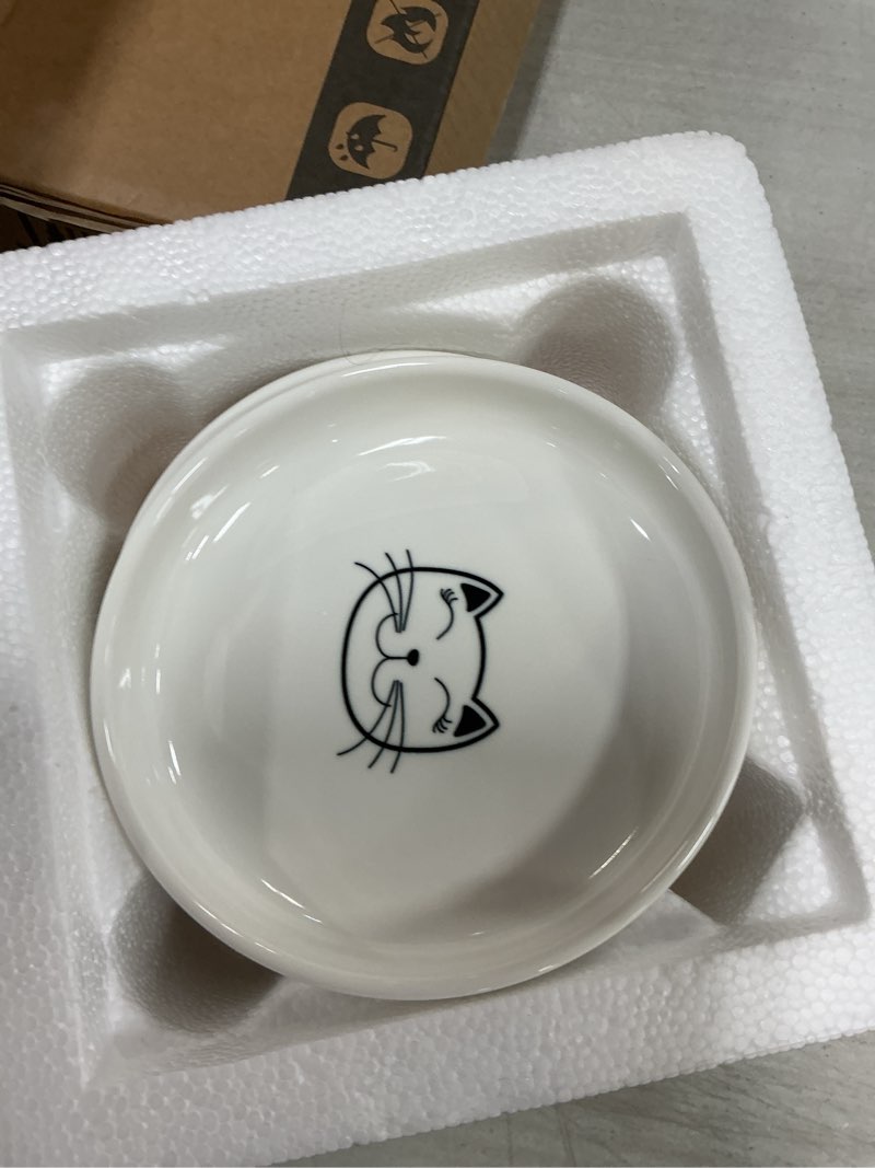 Condition photo showing Good Condition for Shallow Elevated Cat Bowls,5.9 Inch Wide Raised Ceramic Cat Dishes with Bamboo Stand, Whisker Friendly Pet Water or Food Plates Feeding Station for Indoor Cats, Kitten(White,Set of 2) White Plate with stand(set of 2)