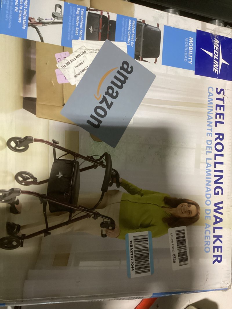 Condition photo showing New/Like New for medline steel rollator walker  folding rolling walker  6  wheels  350lb weight capacity  burgundy red frame
