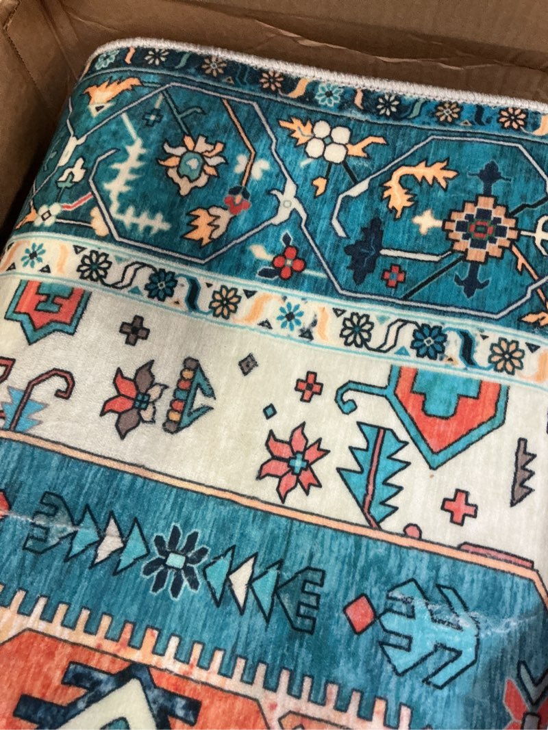 Condition photo showing Good Condition for serissa runner rug for hallways, 2'6"x12' washable non slip kitchen runner rug, extra long boho rug ultra soft vintage blue orange floor carpet for bedroom hallway entryway bathroom laundry room blue/orange 2'6" x 12' (runner)