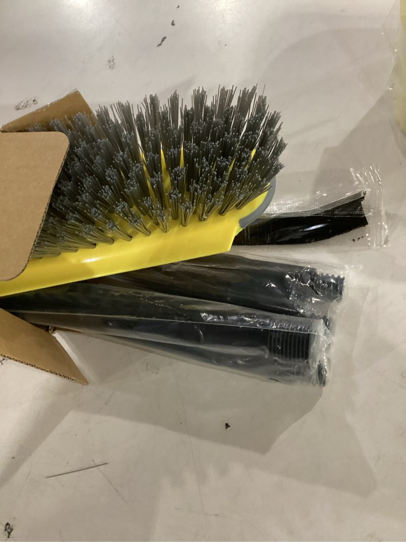 Condition photo showing Good Condition for deck brush with long handle, floor scrub broom for shower, 50'' outdoor scrubber for carpet, boat, patio, garage, concrete cleaning
