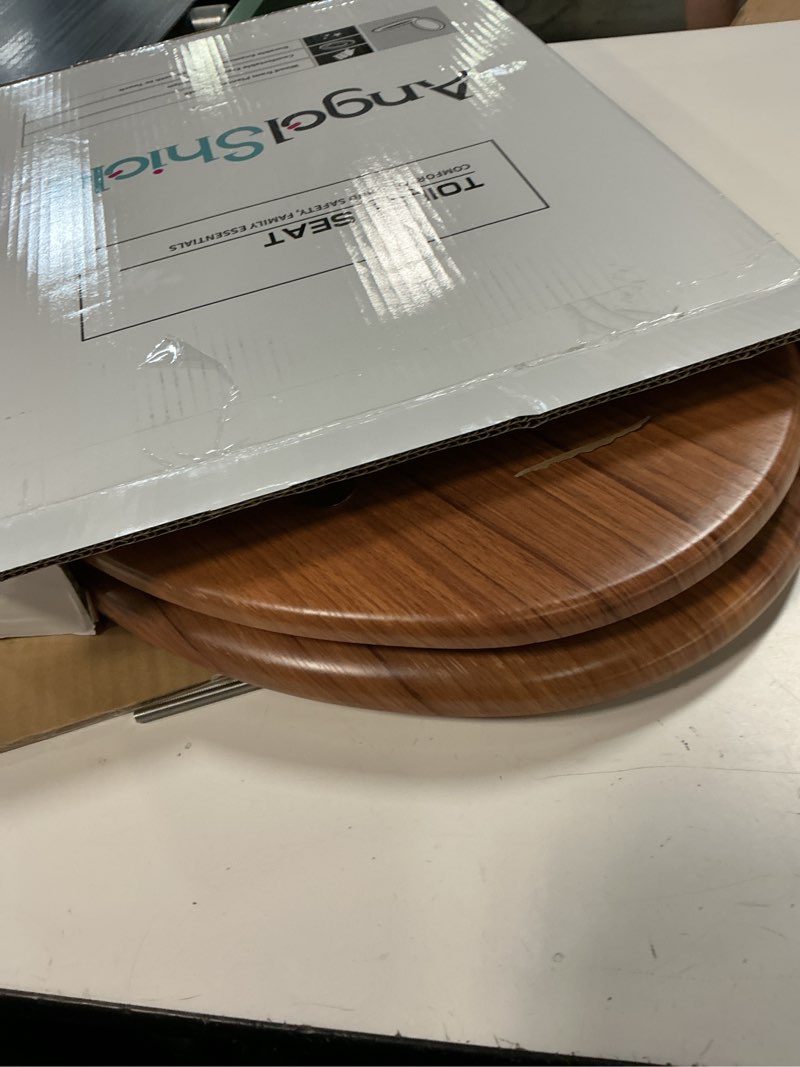 Condition photo showing As Is for elongated toilet seat molded wood toilet seat with quietly close and quick release hinges, easy to install also easy to clean by angol shiold (elongated, natural) soft close hinge natural