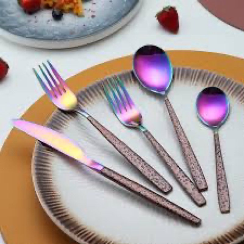 Berglander Silverware Set 20 Pieces With Moon Surface Handle And Shiny Rainbow Mouth Titanium Plating, Stainless Steel Modern Rainbow Flatware Set Utensils Set Colorful Cutlery Set Service For 4