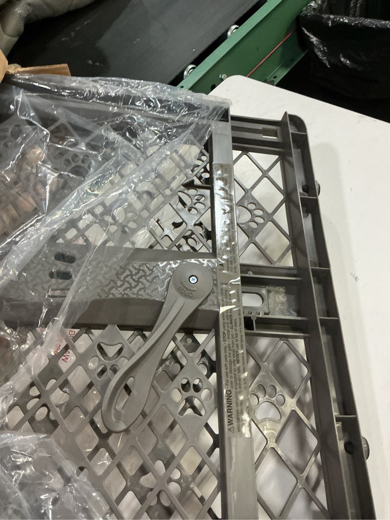 Condition photo showing As Is for mypet north states paws portable pet gate: 26-40" wide. pressure mount. no tools needed. made in usa, 23" tall, expandable, durable dog gates for doorways, fieldstone gray