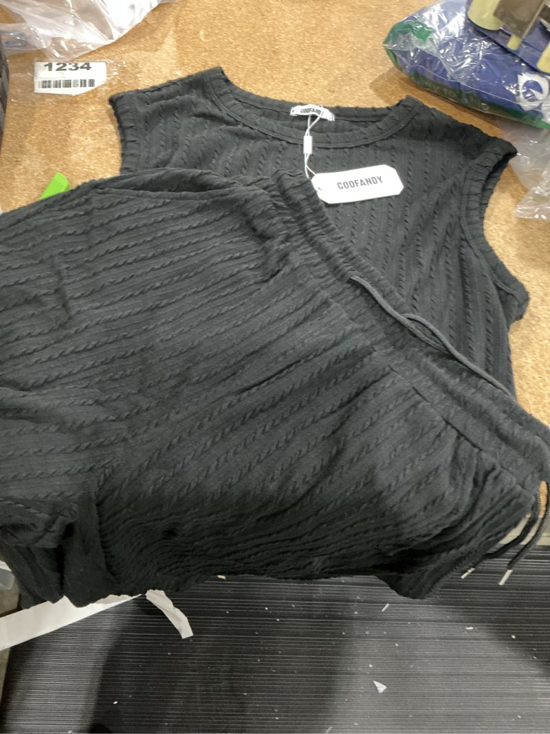 Condition photo showing Good Condition for coofandy men's 2 piece outfits beach knit jacquard sleeveless shirt and shorts sets summer athletic vacation set small black