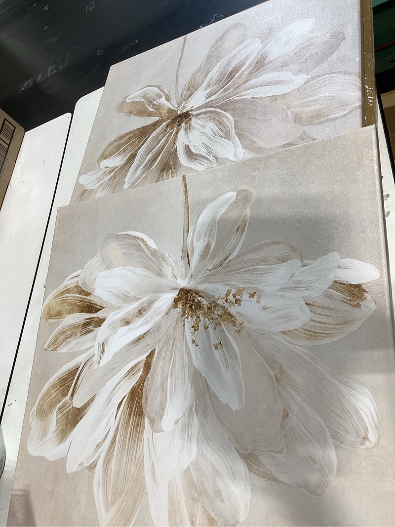 Condition photo showing Good Condition for seven wall arts 2 pcs beige and gold flower wall art blooming flower abstract floral artwork canvas print poster for living room bedroom office wall decor 24"x24" blooming flowers 24 x 24 inch x 2 pcs