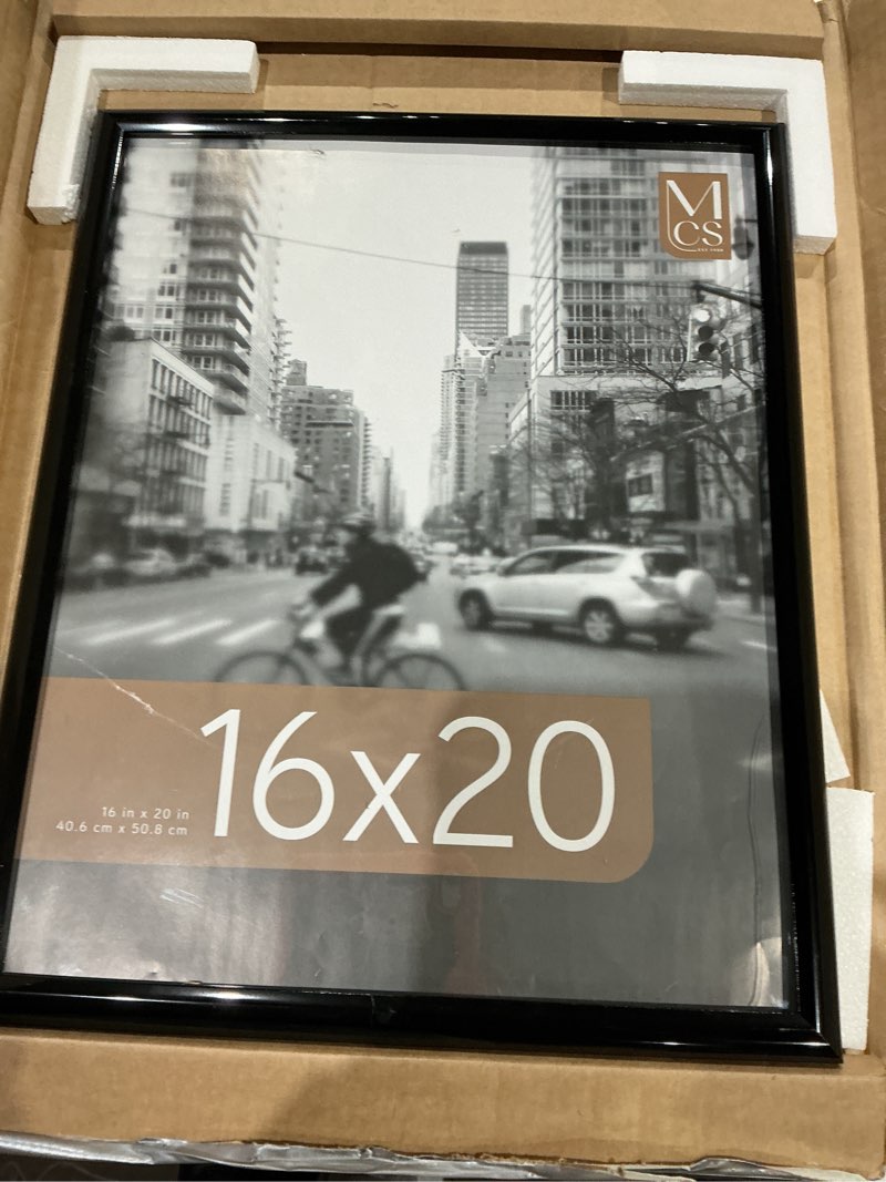 Condition photo showing As Is for mcs trendsetter 16x20 poster frame black high-gloss, vertical & horizontal wall hanging large picture frame for photos, posters & art prints (1-pack) 1-pack 16x20