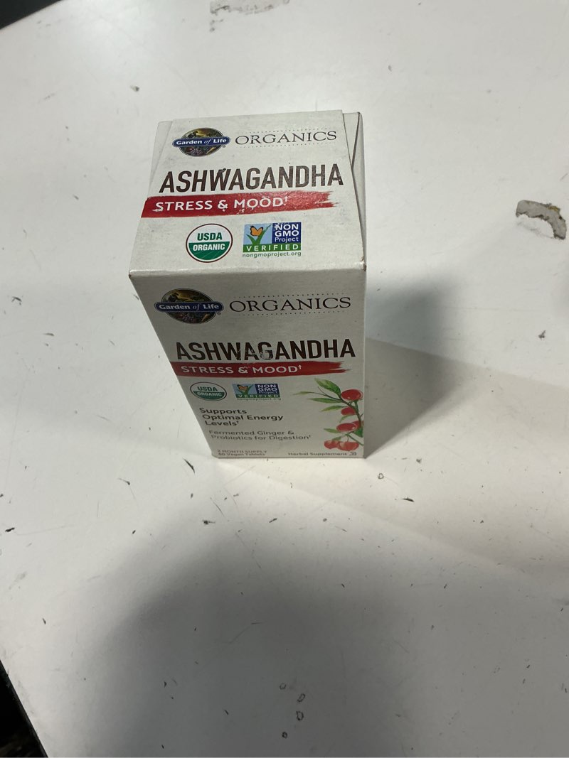 Condition photo showing New/Like New for ( BB/03/2026) Garden of Life Organic Ashwagandha Supplement with Probiotics & Ginger - Stress, Mood & Energy Support, Vegan, Gluten Free, Non GMO, 2 Month Supply, 60 Tablets