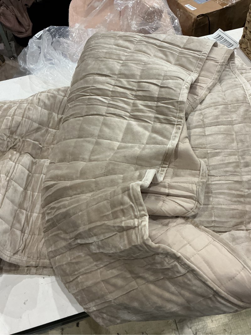 Condition photo showing As Is for evergrace 3 pieces luxurious velvet quilt king size, ultra soft bedspread coverlet set, double box stitch lightweight velvet comforter for all season with 2 shams, beige, 108"x96" double box stitch beige king (108"x96")