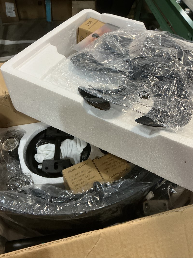 Condition photo showing New/Like New for DLLT Caged Ceiling Fan with Light: 20" Farmhouse Fandelier with Lights and Remote & APP - Black Rustic Semi Flush Mount Bladeless Ceiling Fans Enclosed Fan for Bedroon Kitchen Living Dining Room Black-BD 20 inches