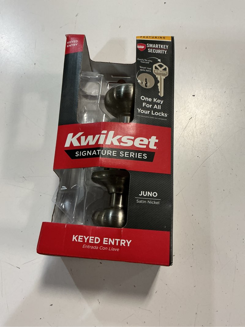 Condition photo showing As Is for kwikset smartkey juno satin nickel entry door knob kw1 1-3/4 in.