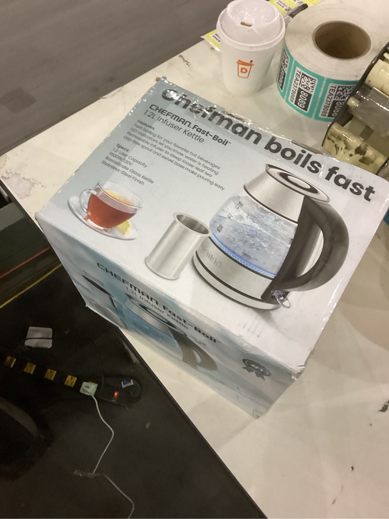 Condition photo showing New/Like New for CHEFMAN Electric Kettle - 1.2L 1500W Hot Water Tea Pot with Infuser, BPA Free, Auto Shut Off, Boil-Dry Protection, Removable Lid, LED Light, Cordless Glass Electric Tea Kettle – Stainless Steel 1.2L - Stainless Steel - Tea Infuser