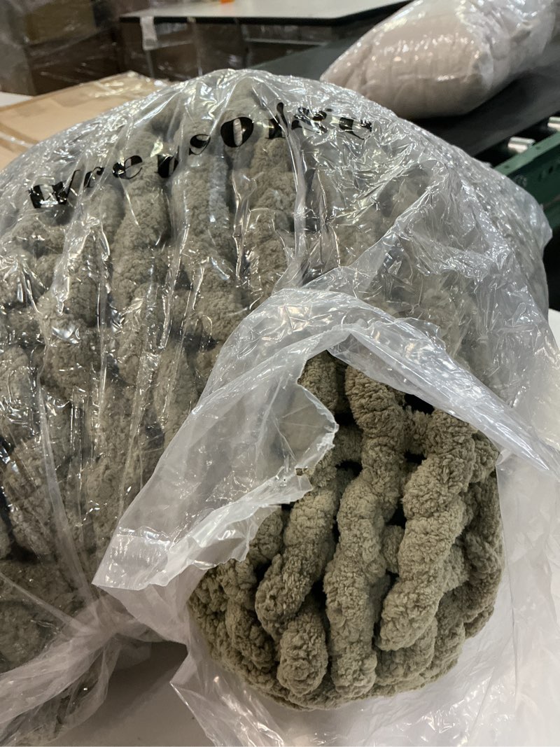 Condition photo showing As Is for WESHIONGOO Chunky Knit Blanket Throw 51"×63" Knitted Throw Blankets for Couch Bed Fluffy Soft Blanket with Jumbo Chenille Yarn Thick 100% Handmade (Sage Green) Sage Green 51"×63"(Large Size Throw?