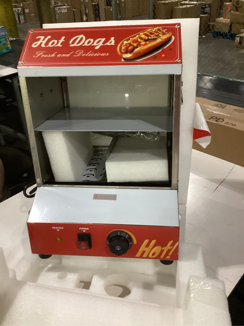 Condition photo showing As Is for hot dog steamer machine, 31.7qt/30l, 2-tier electric hot dog steamer with bun warmer, adjustable temperature, hot dog hut steamer with visible glass sliding door, 175 hot dogs & 40 buns capacity