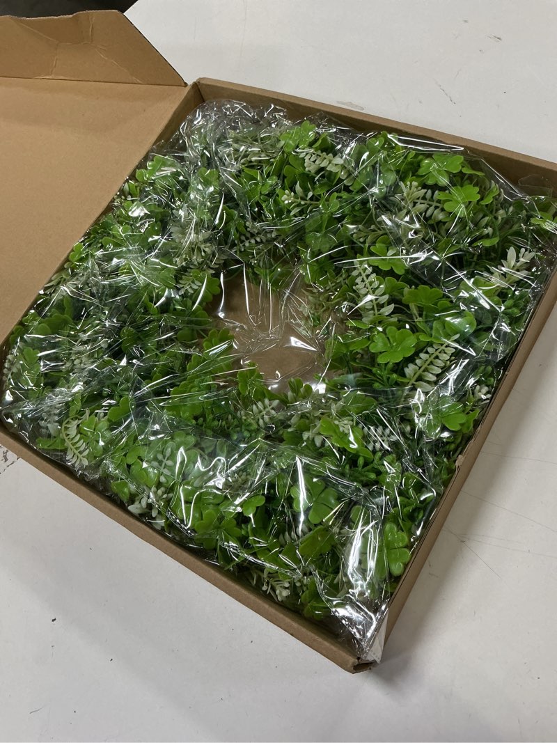Condition photo showing Good Condition for 17.8" St Patricks Day Shamrock Wreath for Front Door, Saint Patricks Day Artificial Wreath Decoration, Irish Clover Spring Summer Greenery Wreath for Wall Window Indoor Outdoor Porch Home Gift Decor