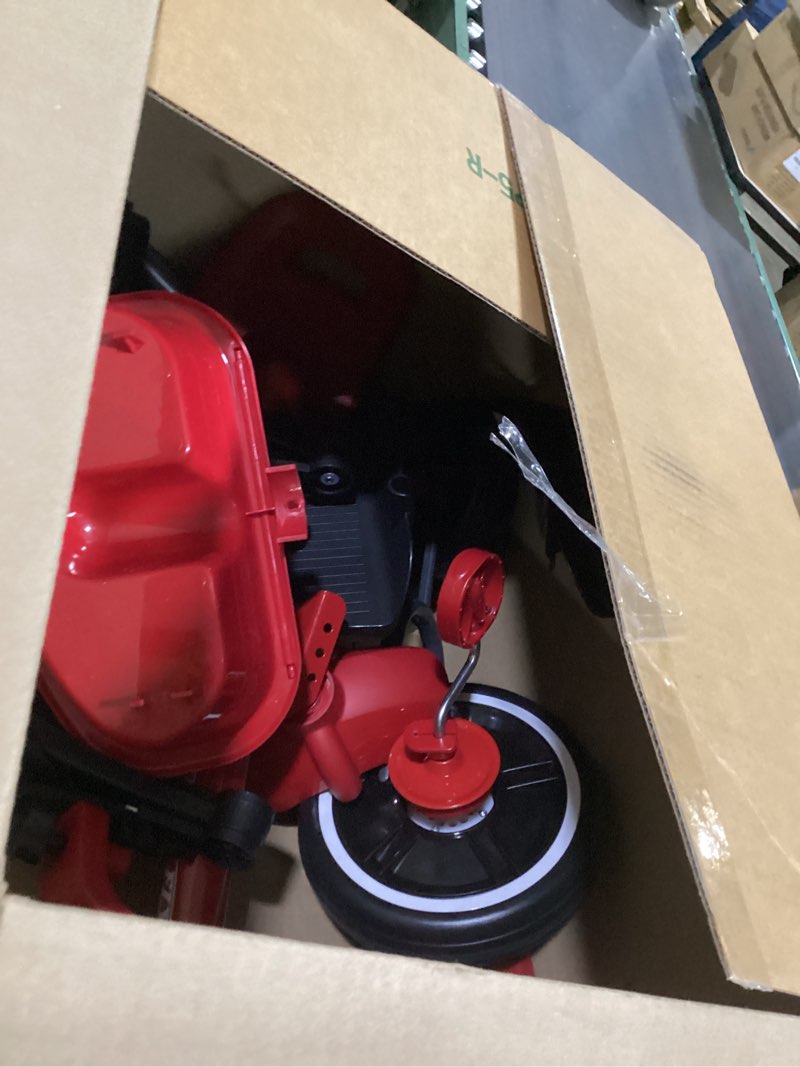 Condition photo showing As Is for radio flyer 4-in-1 pedal & push stroll ’n trike, ages 1-5, toddler tricycle & stroller, high-density foam tires, parent push handle, uv canopy, removable tray, headrest & seatbelt, stroller tricycle red