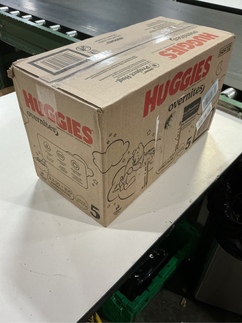 Condition photo showing New/Like New for huggies size 5 overnites baby diapers: overnight diapers, size 5 (27+ lbs), 100 ct (2 packs of 50), packaging may vary
