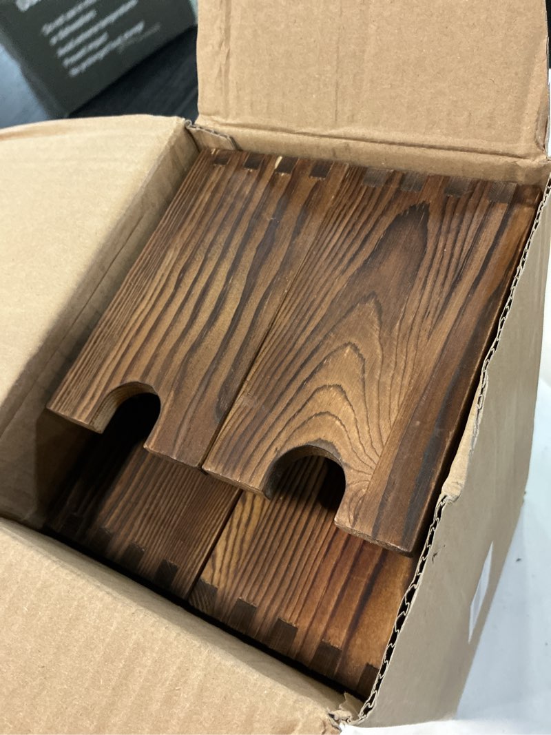Condition photo showing Good Condition for 4 set wooden tiered risers display stands for vendor events,stackable wood cupcake display stand,farmhouse decor wood dessert table display set,vendor booth display items,food display risers for party 4 pack dark brown