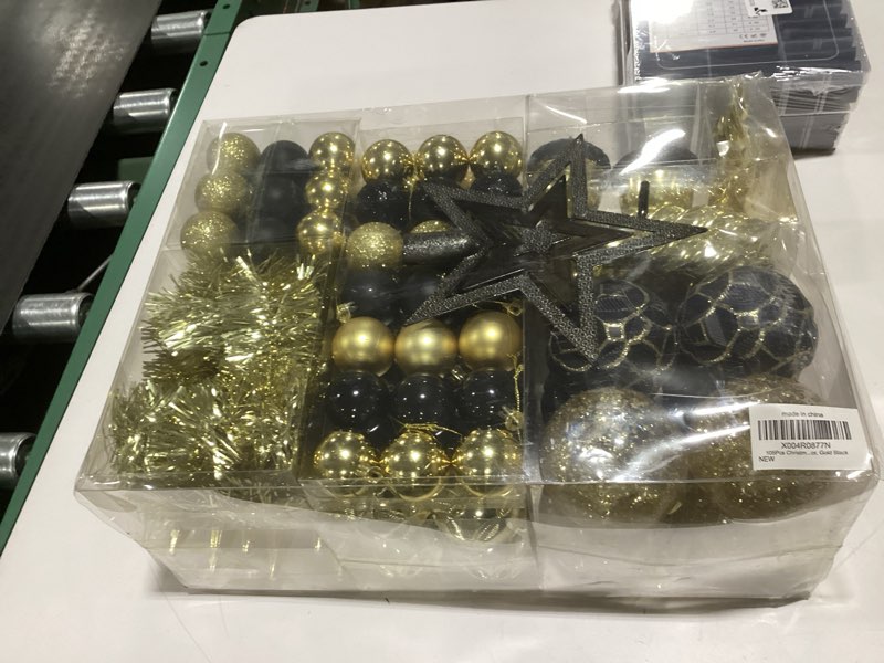 Condition photo showing As Is for 123pcs Christmas Ball Ornaments Set, Shatterproof Plastic Balls for Classic Xmas Decorations, Hanging Ornaments for Christmas Tree, Holiday, Bridal, Home Party, Gold and Black Gold Black