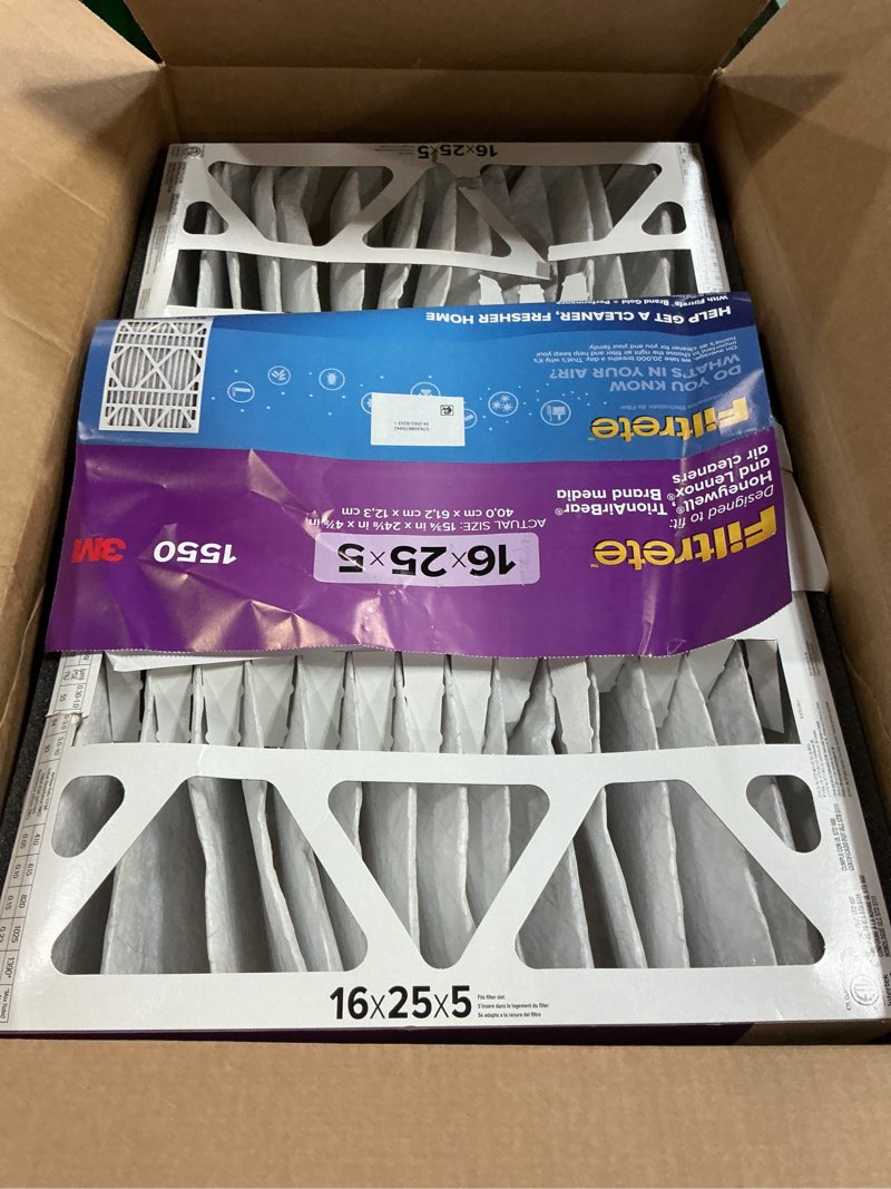 Condition photo showing Good Condition for filtrete 16x25x5 ac furnace air filter, mpr 1550, merv 12, fits honeywell & trion airbear, certified asthma & allergy friendly, electrostatic air filter, 1-pack (actual size 15.75 x 24.13 x 4.88) 4.9" x 24.1" x 15.6"