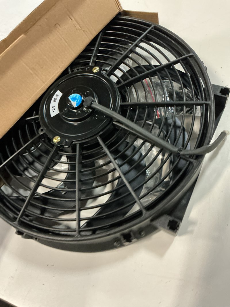 Condition photo showing As Is for monoking 14" inch universal slim pull push electric radiator fan engine cooling, universal high performance reversible radiator cooling fans with mounting kit 2000 cfm 12 volts 7.5 amps 90 watts 14 inch-1pcs