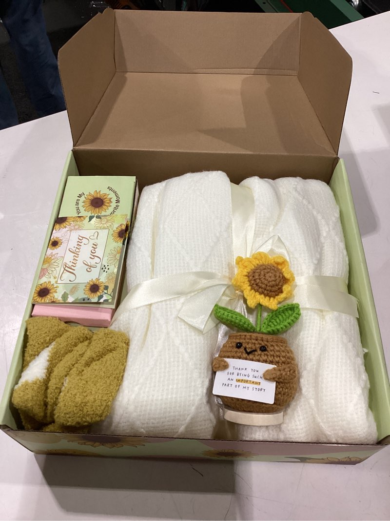 Condition photo showing New/Like New for gossby sunflower set basket for mom, wife, grandma, sister - birthday, thinking of you, for women - self care package, get well relaxing spa gift basket (6 pcs) - set 1 never forget the diffrence that you make