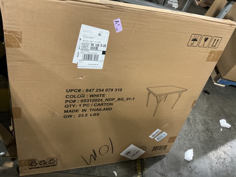 Condition photo showing New/Like New for Flash Furniture Elon 2.85' Square All-Occasion Plastic Folding Event Table with Locking Legs, Folding Banquet Table for Indoor/Outdoor Events, White Granite White 34.25" Square, Set of 1 Solid