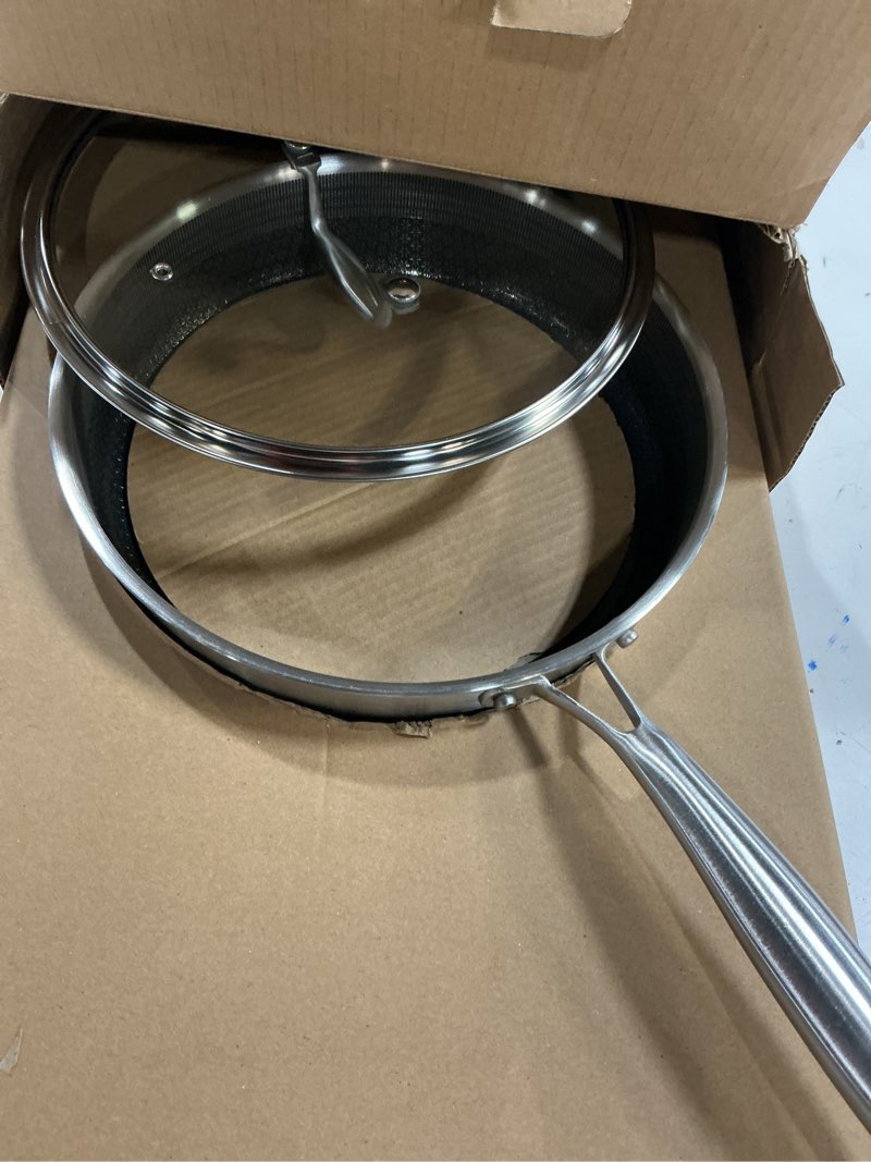 Condition photo showing New/Like New for cooker king 3.6 quart stainless steel saute pan with lid, 11 inch hybrid nonstick deep saute pan, tri-ply clad even heat distribution, dishwasher-friendly,oven safe to 500°f, induction compatible stainless steel 3.6qt