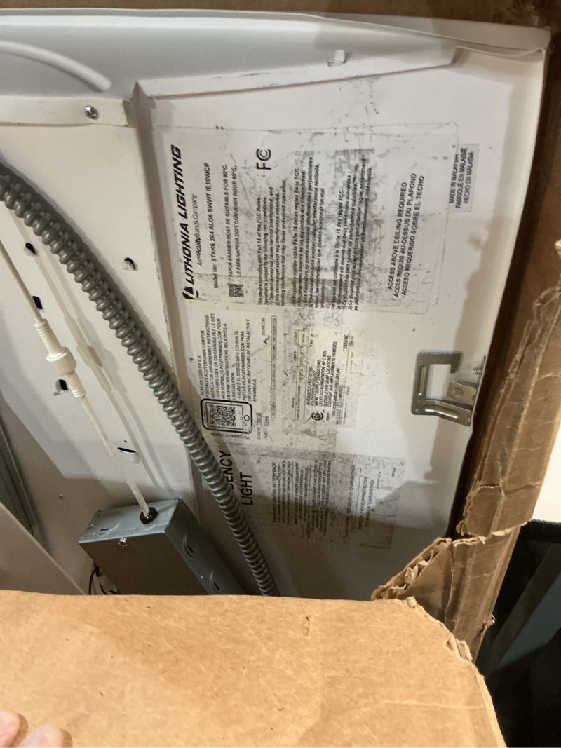 Condition photo showing As Is for lithonia lighting 2x4 led troffer light, stack switch led lay-in ceiling light fixture, adjustable lumens, 3500k/4000k/5000k switchable color temperature, includes emergency battery backup, white 4000-6000 lumens, white 2 feet by 4 feet includes battery backup