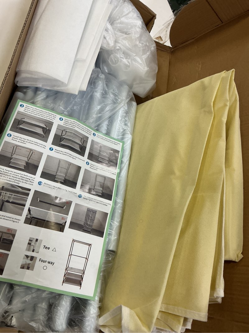 Condition photo showing As Is for (Similar  ) Portable Closet,Portable Closets for Hanging Clothes,Japanese Style Wardrobe Clothing Rack with 2 Drawers,1 Hanging Rods and 2 Storage Shelves,27.5\" L x 17.7\" W x 65.1\" H,White White-b 27.5\" L