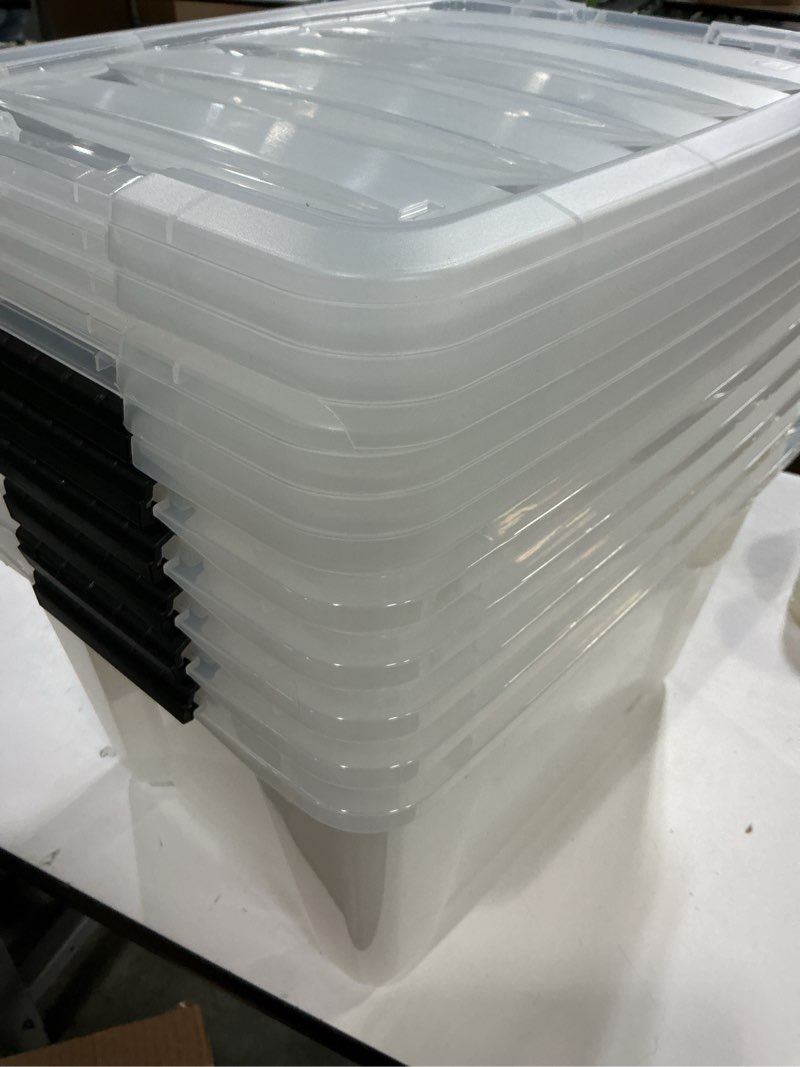 Condition photo showing As Is for iris usa 32 qt plastic storage box with lid and latches - 6 pack - bpa-free, see-through organizing solution, durable nestable stackable containers, secure pull handle - clear clear 32 qt 6 pack