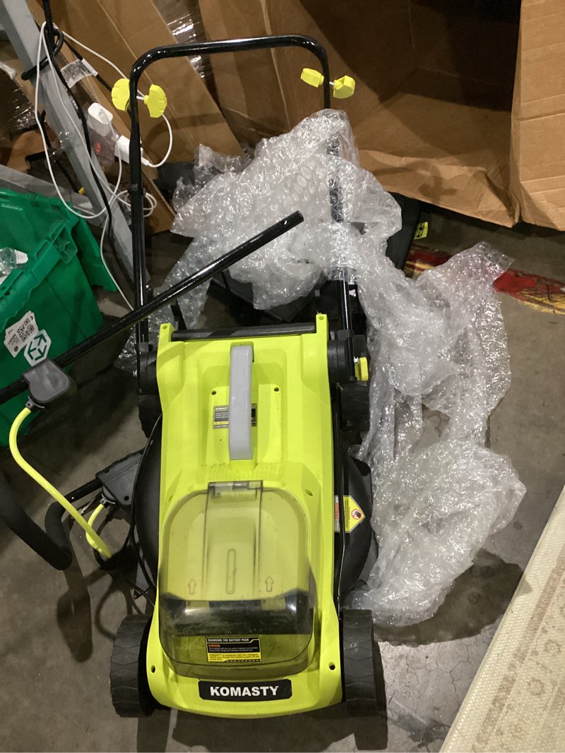 Condition photo showing As Is for 40v electric lawn mower 16" cordless battery powered mower, 2 in 1 mulching lawnmower with 5-position height adjustment 10.6 gallon bag, small push lawn trimmer, 2x4.0ah battery and 2 chargers lime green
