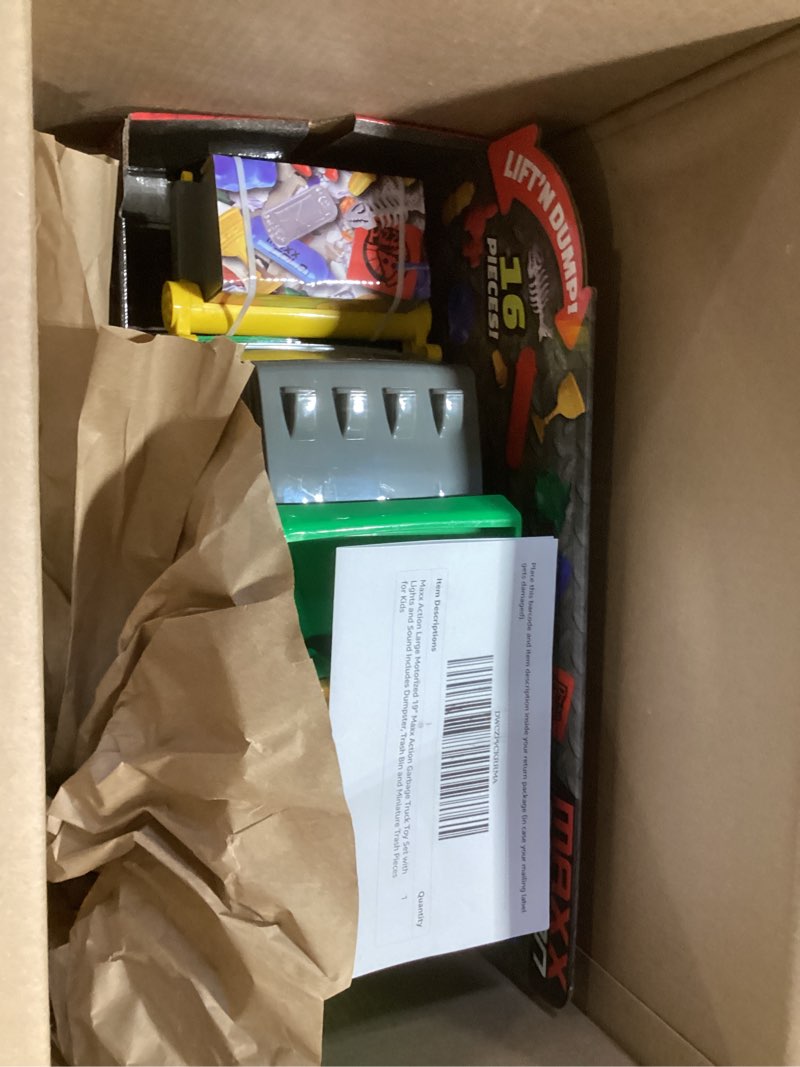 Condition photo showing As Is for Maxx Action Large Motorized 19" Maxx Action Garbage Truck Toy Set with Lights and Sound Includes Dumpster, Trash Bin and Miniature Trash Pieces for Kids