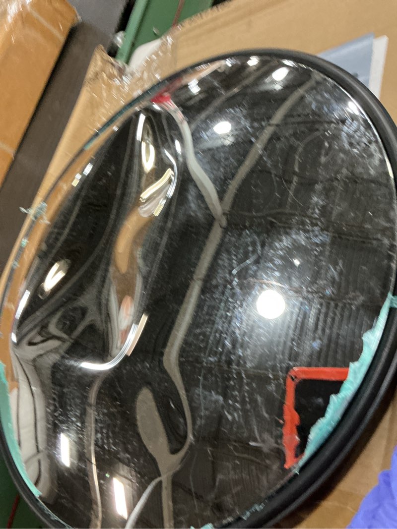 Condition photo showing As Is for Convex Traffic Mirror - 24'' Outdoor and Indoor Driveway & Security Parabolic Safety Mirrors, Acrylic Convex Mirror for Garage, Retail Stores, Warehouses, Office and High-Traffic Areas Black 24''