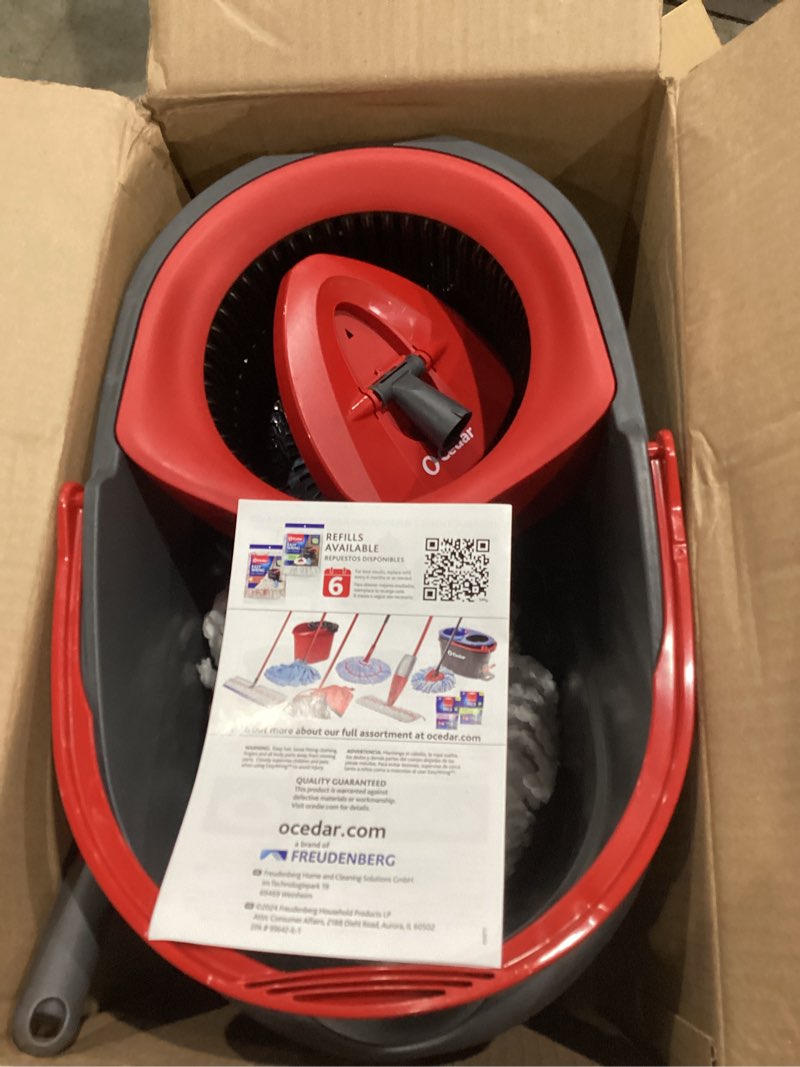 Condition photo showing As Is for o-cedar easywring microfiber spin mop & bucket floor cleaning system + 2 extra refills, red/gray spin mop & bucket with 2 extra refills
