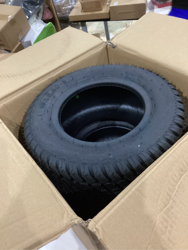 Condition photo showing New/Like New for (2-pack) 16x6.50-8 tires - 4pr durable tubeless, replacement lawn tractor tires with deep ribbed treads, rim not included 16x6.50-8 tubeless